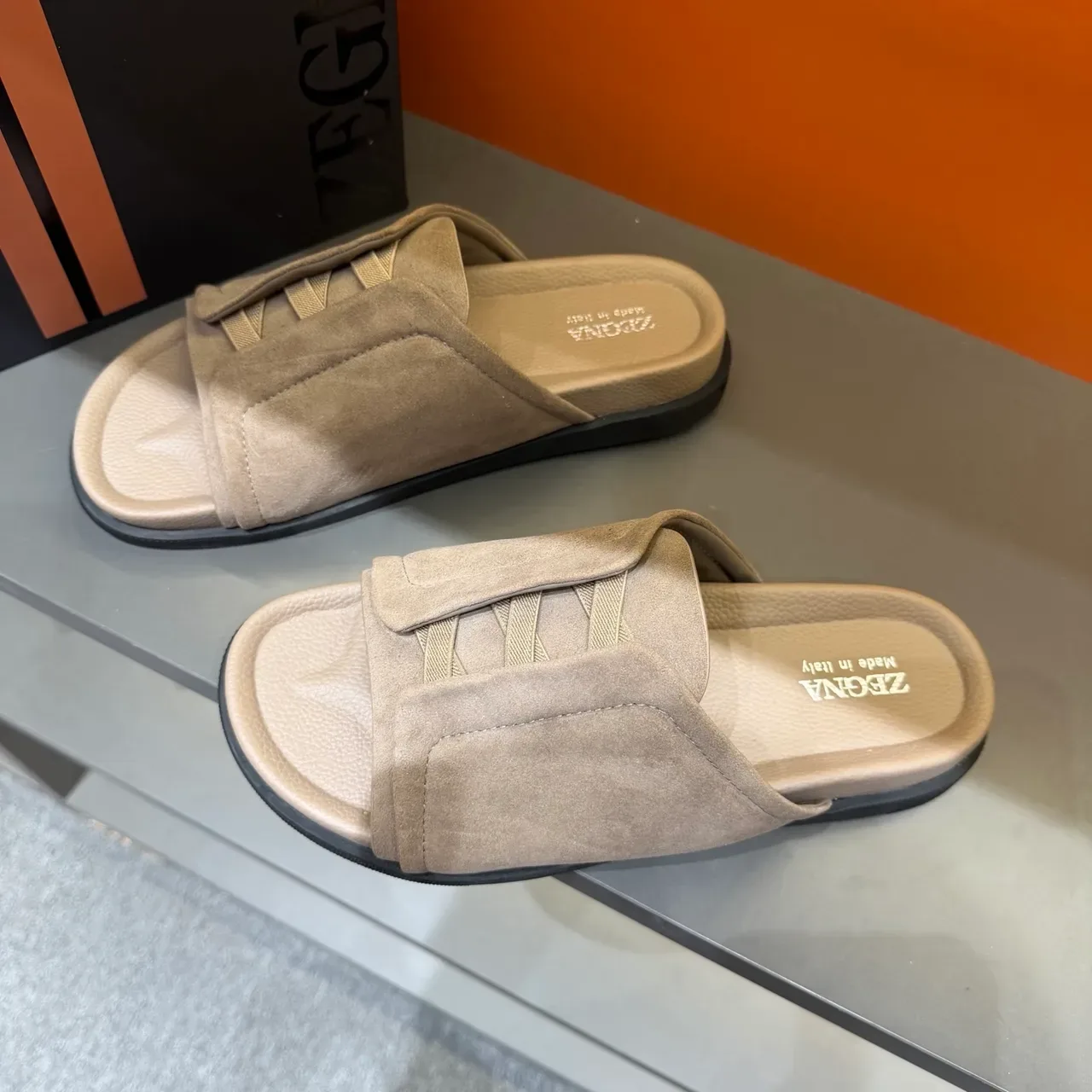 Zegna Beige Suede Upper Elastic Crisscross Strap Slippers 15