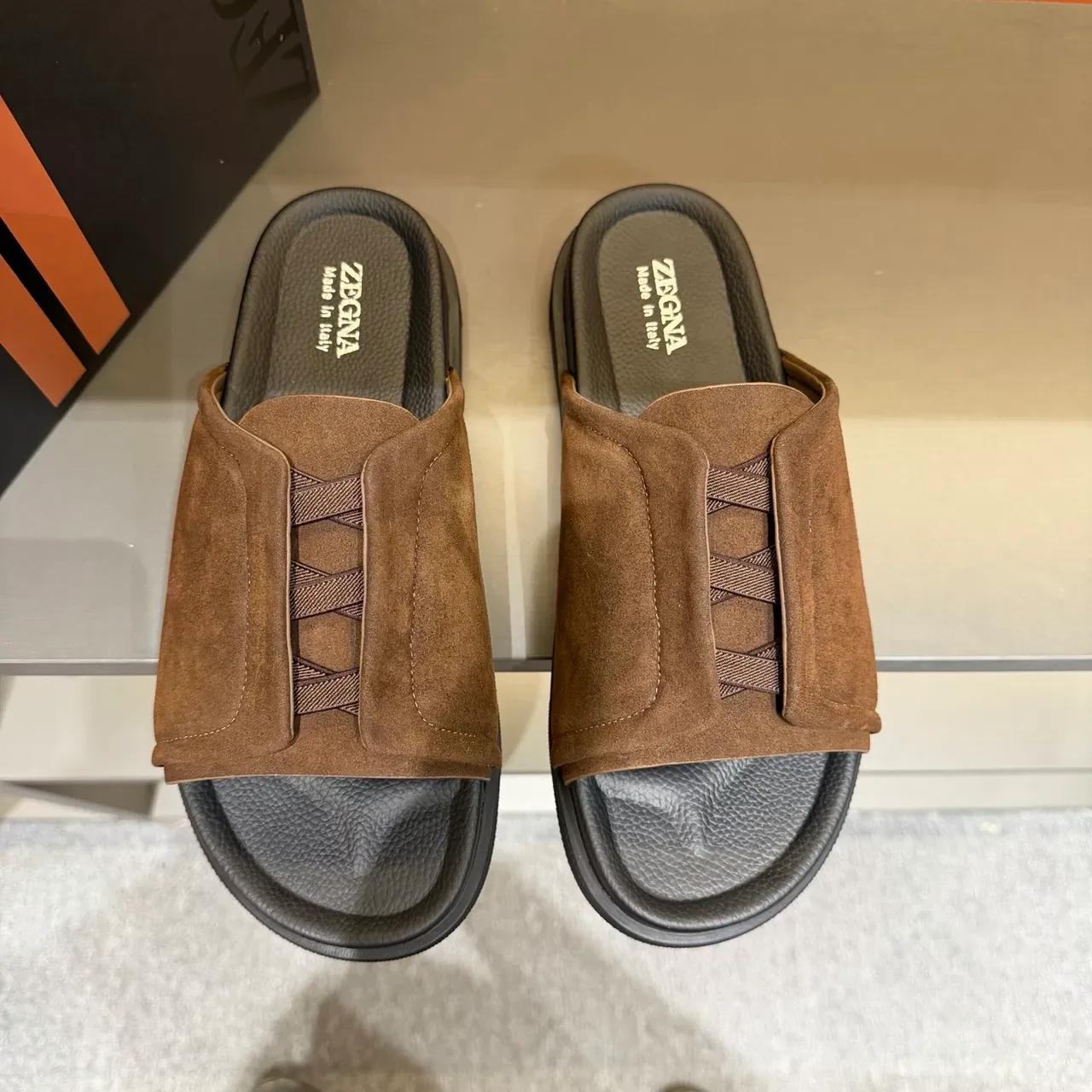 Zegna Beige Suede Upper Elastic Crisscross Strap Slippers 22