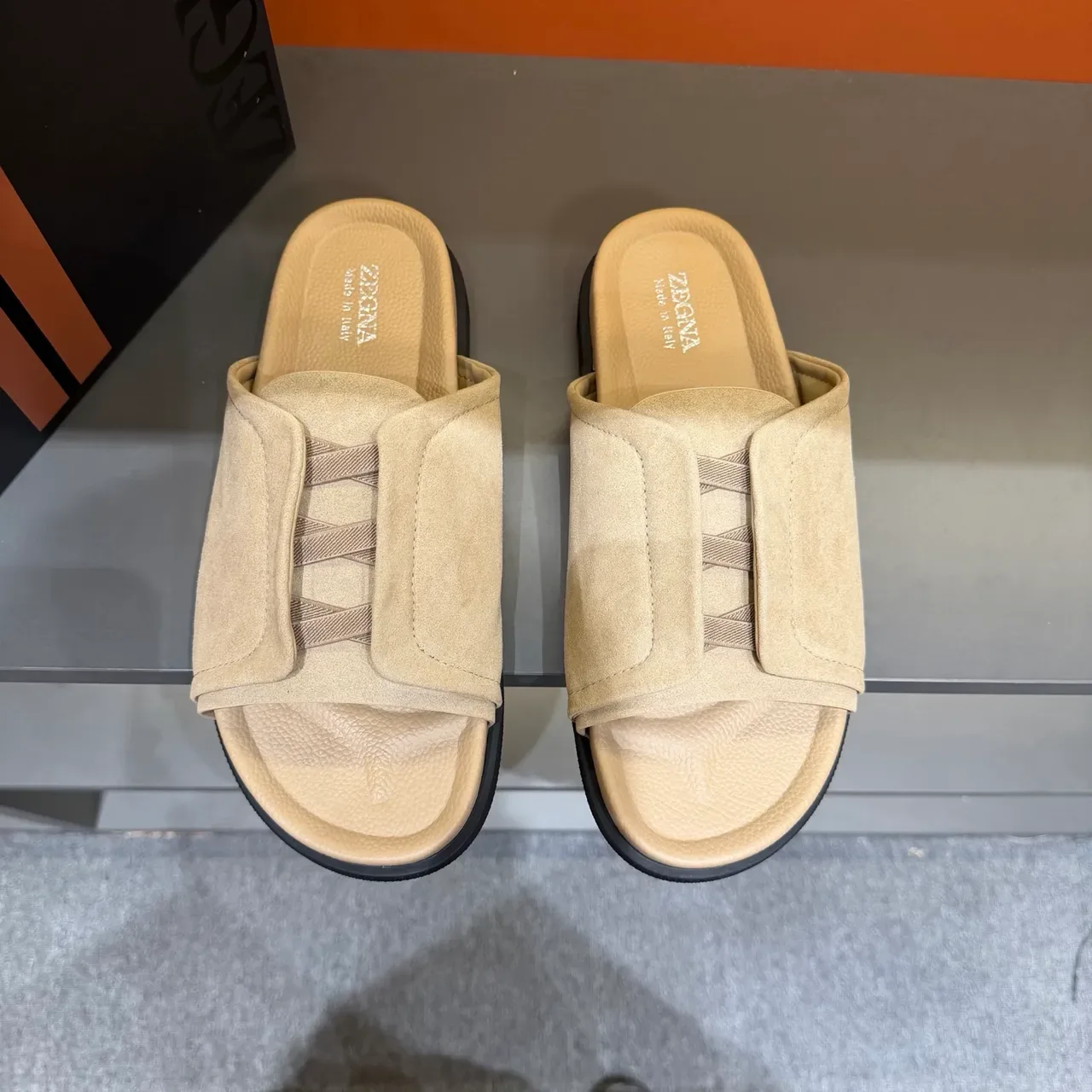 Zegna Beige Suede Upper Elastic Crisscross Strap Slippers 23