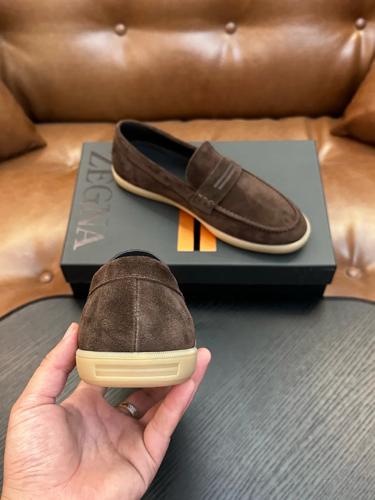 Zegna Marrom Bege Camurça Penny Strap Loafer 3