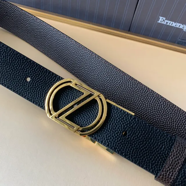 Zegna Cinturón de cuero marrón dorado con hebilla geométrica granulada 4
