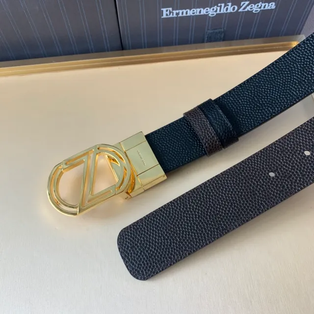 Zegna Cinturón de cuero marrón dorado con hebilla geométrica granulada 5