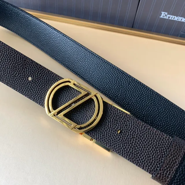 Zegna Cinturón de cuero marrón dorado con hebilla geométrica granulada 6