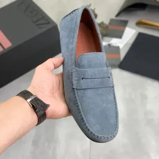 Zegna ग्रे ब्राउन स्यूड अपर पेनी स्ट्रैप लोफर