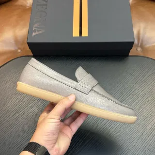 Zegna Penny Loafer Gray Pebbled Leather Gum Sole Loafers