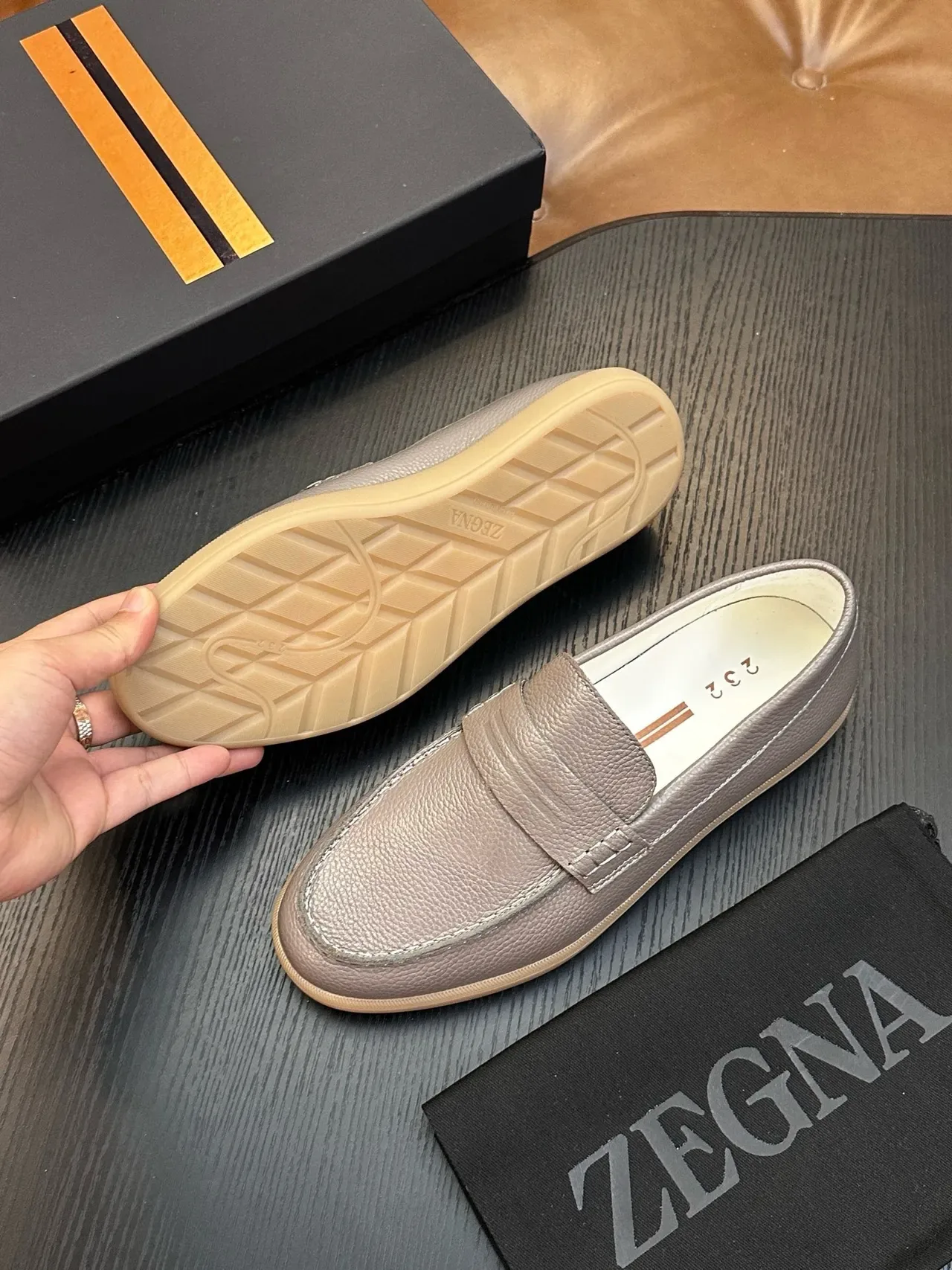 Zegna Penny Loafer Gray Pebbled Leather Gum Sole Loafers 2