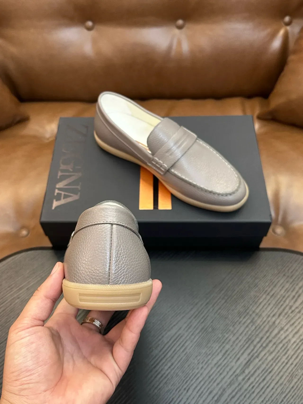 Zegna Penny Loafer Gray Pebbled Leather Gum Sole Loafers 3