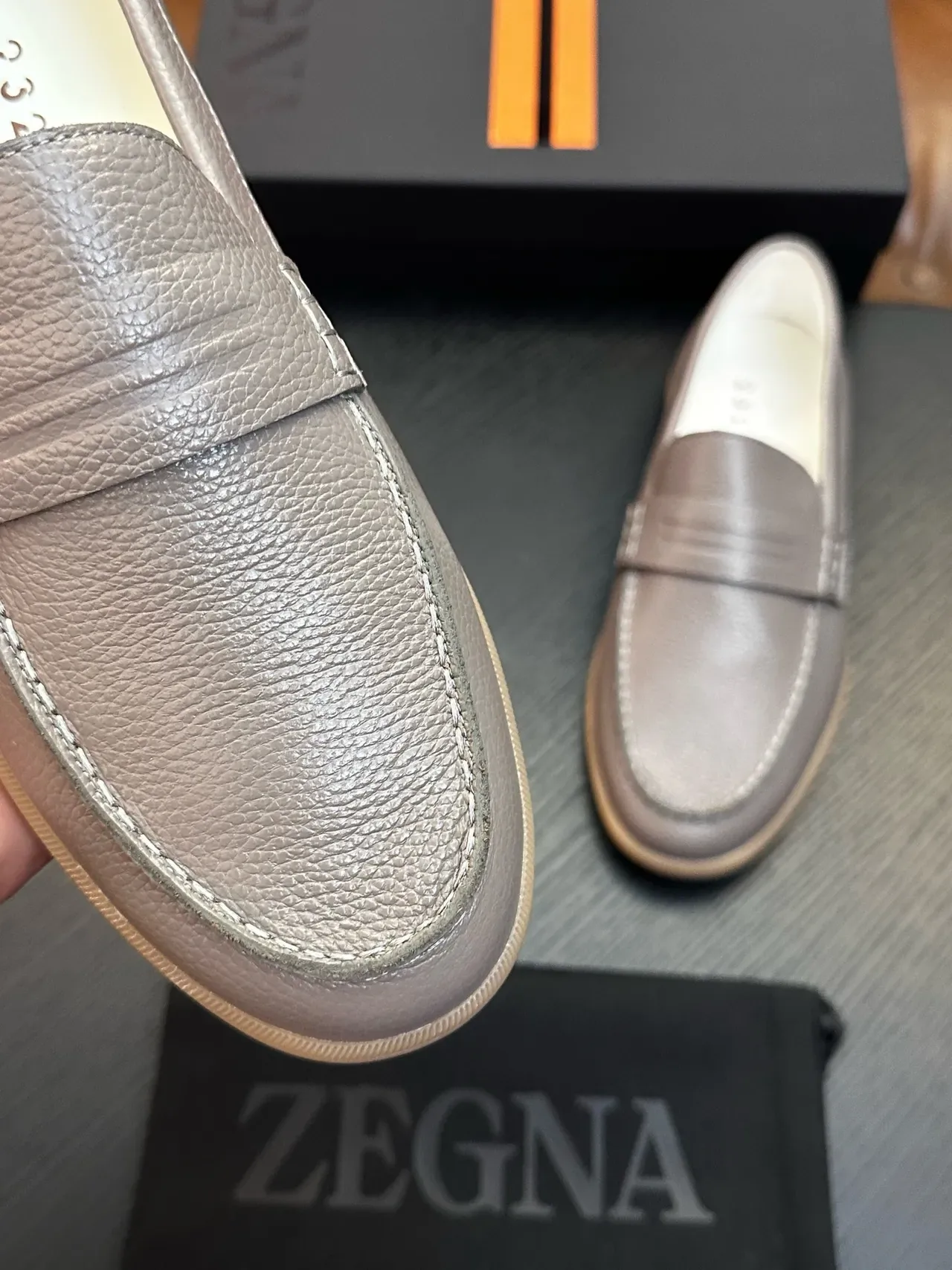 Zegna Penny Loafer Gray Pebbled Leather Gum Sole Loafers 4