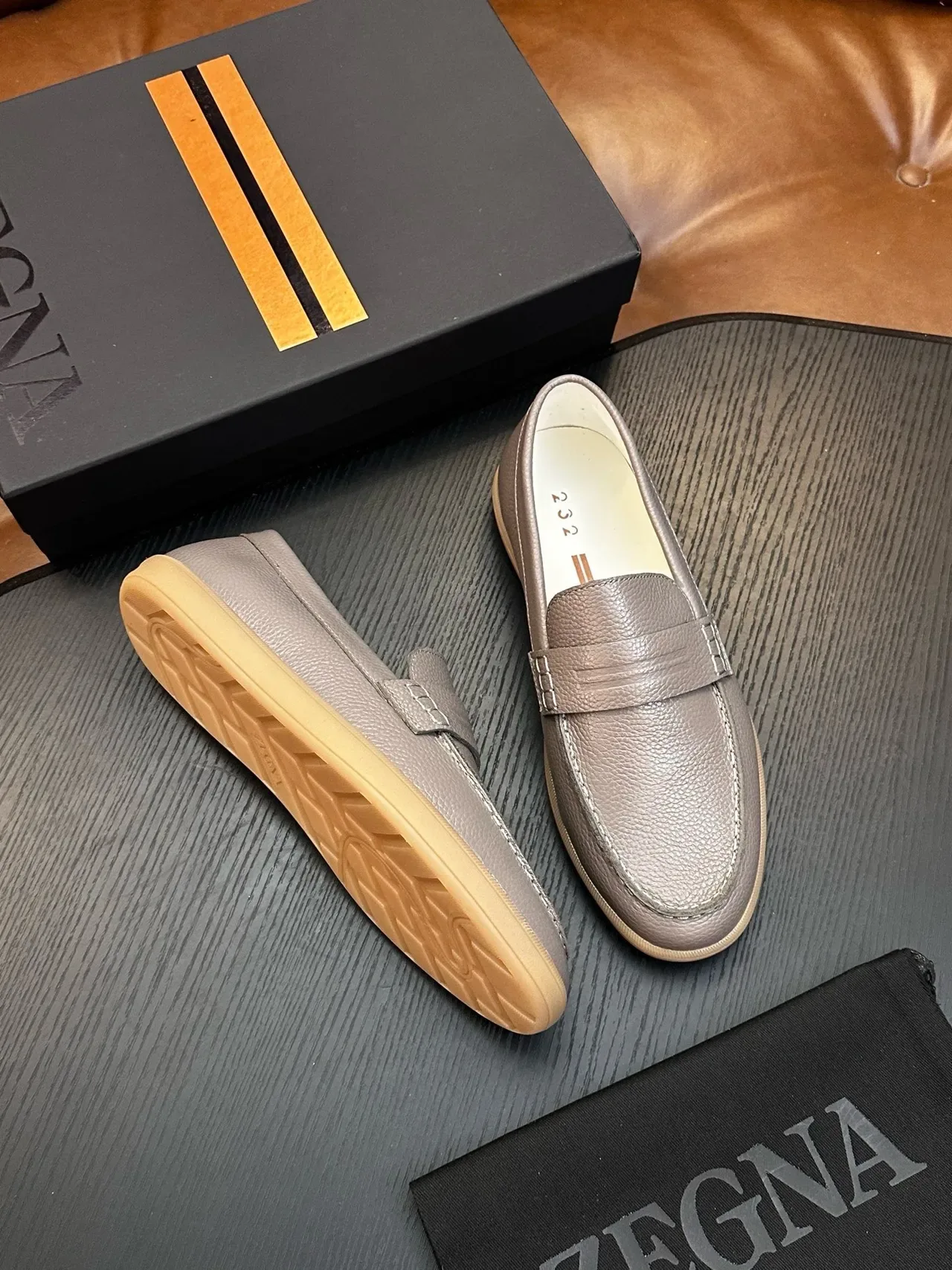 Zegna Penny Loafer Gray Pebbled Leather Gum Sole Loafers 5